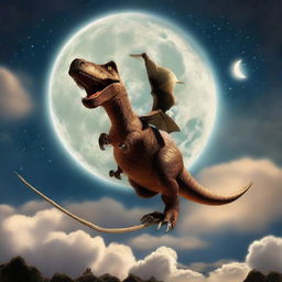 A playful image of a dinosaur joyously riding a broomstick, soaring above Earth's atmosphere with the stunning moon in the background.