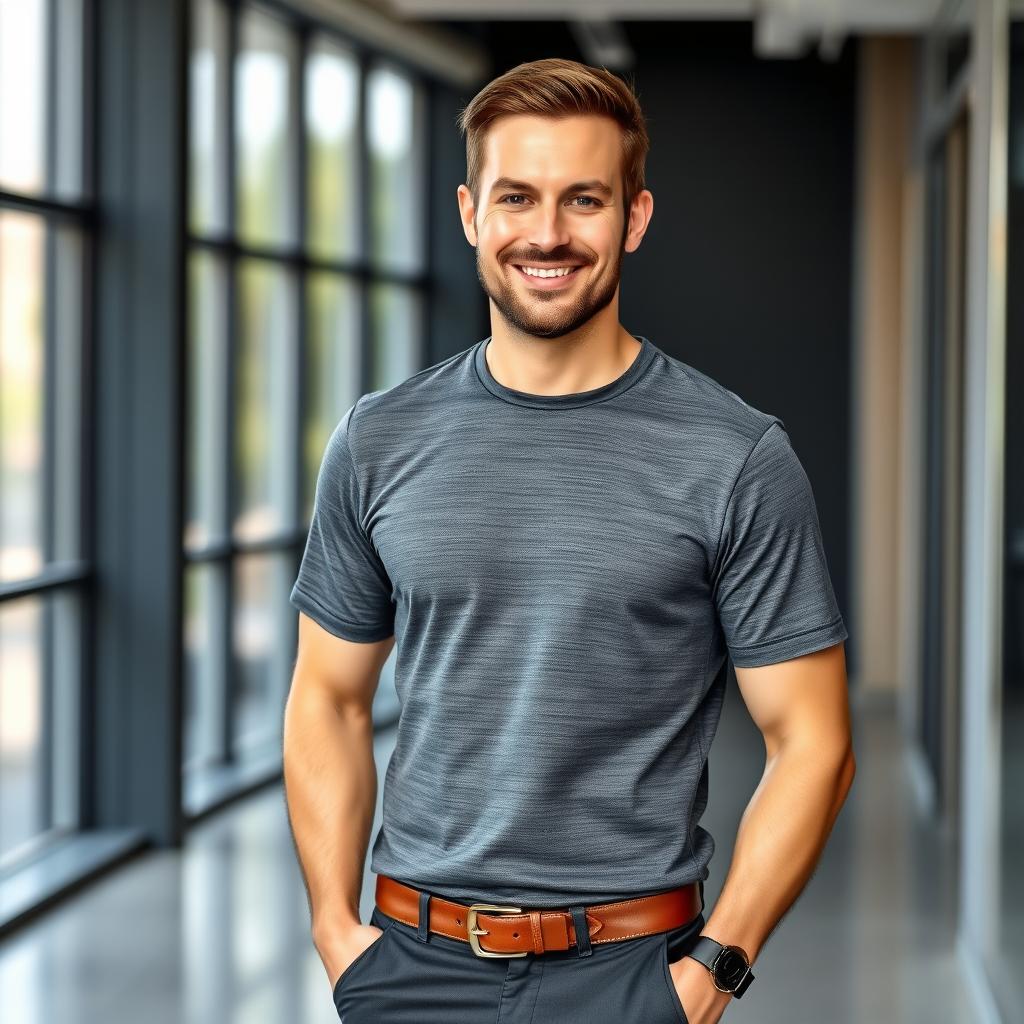 A man dressed in a stylish formal t-shirt, standing confidently in a modern office setting