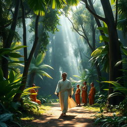 A dense jungle scene featuring a king dressed in simple, elegant robes walking quietly among serene monks, surrounded by towering, lush green trees and vibrant tropical foliage