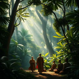 A dense jungle scene featuring a king dressed in simple, elegant robes walking quietly among serene monks, surrounded by towering, lush green trees and vibrant tropical foliage