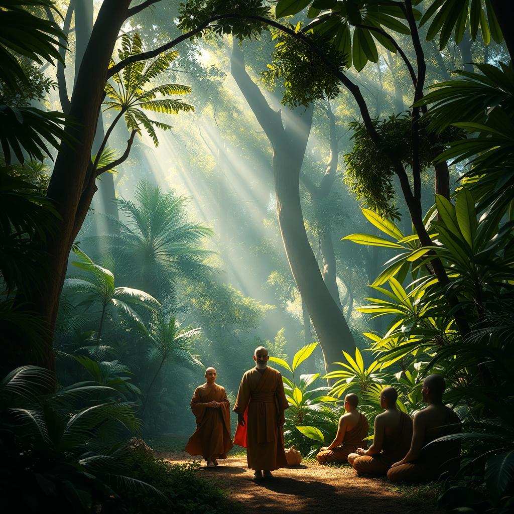 A dense jungle scene featuring a king dressed in simple, elegant robes walking quietly among serene monks, surrounded by towering, lush green trees and vibrant tropical foliage