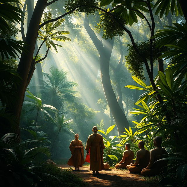 A dense jungle scene featuring a king dressed in simple, elegant robes walking quietly among serene monks, surrounded by towering, lush green trees and vibrant tropical foliage