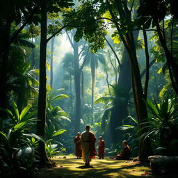 A dense jungle scene featuring a king dressed in simple, elegant robes walking quietly among serene monks, surrounded by towering, lush green trees and vibrant tropical foliage
