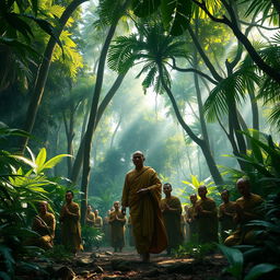 A dense jungle scene featuring a king dressed in simple, elegant robes walking quietly among serene monks, surrounded by towering, lush green trees and vibrant tropical foliage