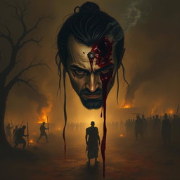 A powerful, haunting scene depicting Ashwatthama with a deep, bleeding wound on his forehead