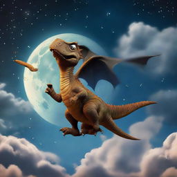 A playful image of a dinosaur joyously riding a broomstick, soaring above Earth's atmosphere with the stunning moon in the background.