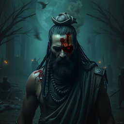 A powerful, haunting scene depicting Ashwatthama with a deep, bleeding wound on his forehead