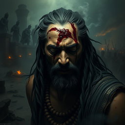 A powerful, haunting scene depicting Ashwatthama with a deep, bleeding wound on his forehead