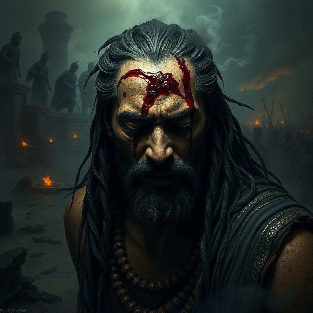 A powerful, haunting scene depicting Ashwatthama with a deep, bleeding wound on his forehead