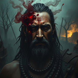 A powerful, haunting scene depicting Ashwatthama with a deep, bleeding wound on his forehead