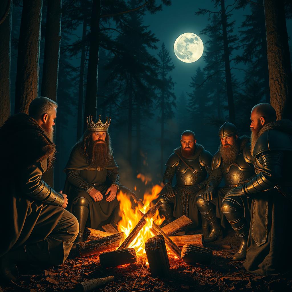 A makeshift campfire scene at night, featuring a king and his loyalists gathered around the flickering flames