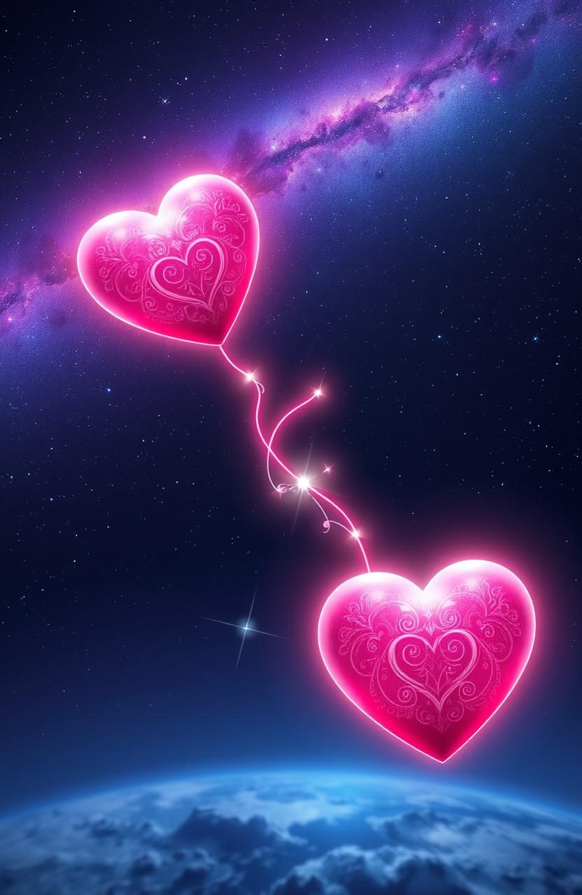 A mystical cosmic scene depicting two ethereal hearts connected by a glowing, vibrant cord that stretches across a starry void