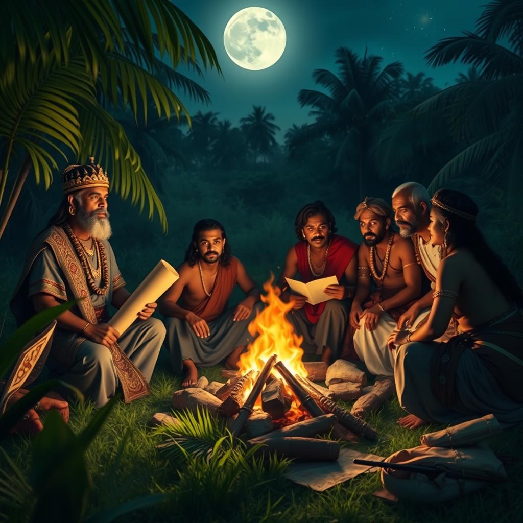 A makeshift campfire scene set in a lush, verdant landscape, featuring a Sri Lankan king and his loyalists engaged in a strategy discussion
