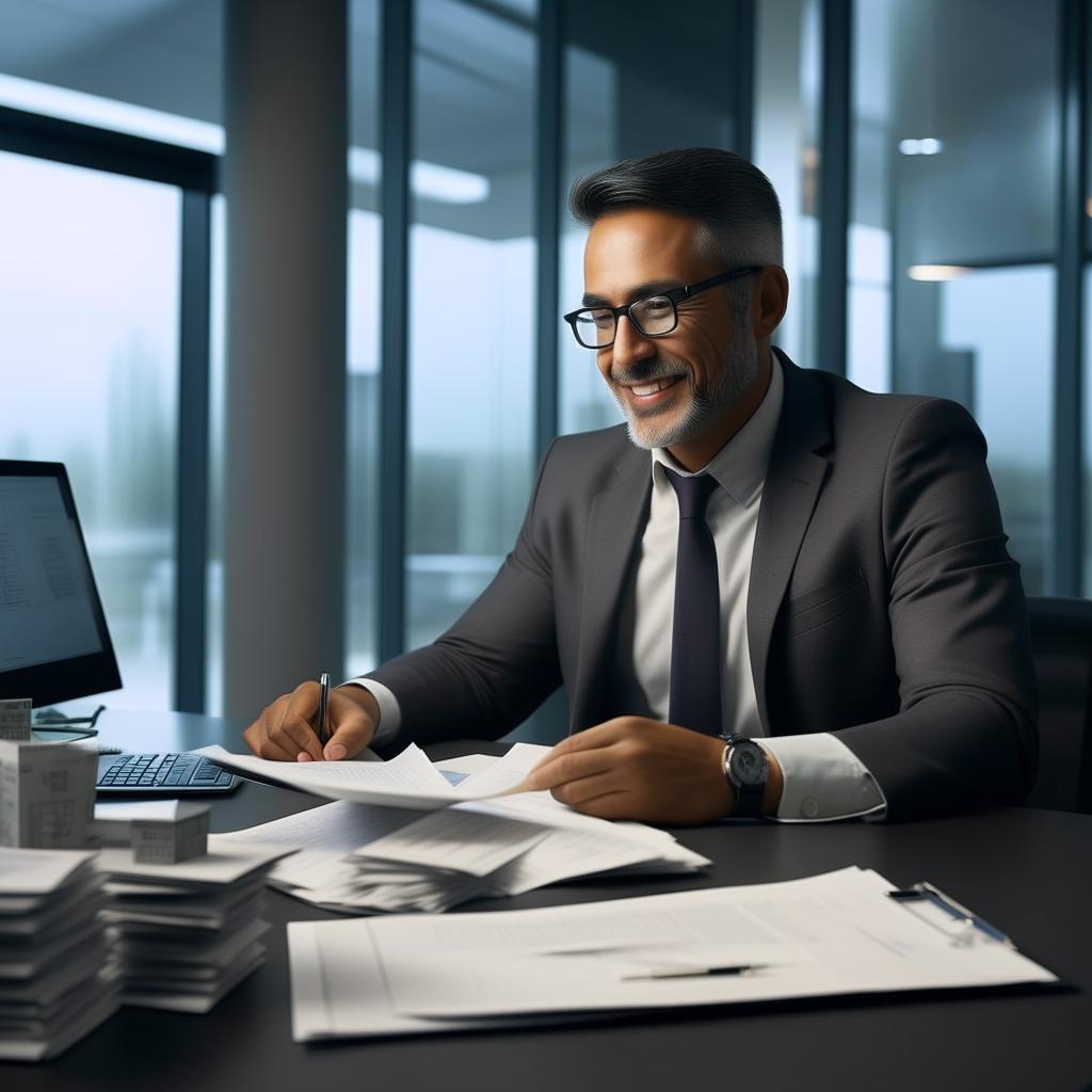 The same professional, friendly mortgage broker from the previous request, but with Caucasian ethnicity, shuffling through paperwork in his modern office.