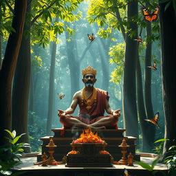 A serene scene featuring a Sri Lankan king meditating or praying in a tranquil forest shrine