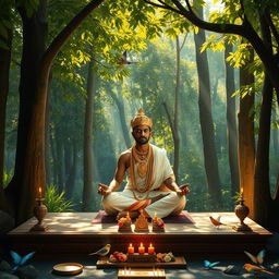 A serene scene featuring a Sri Lankan king meditating or praying in a tranquil forest shrine