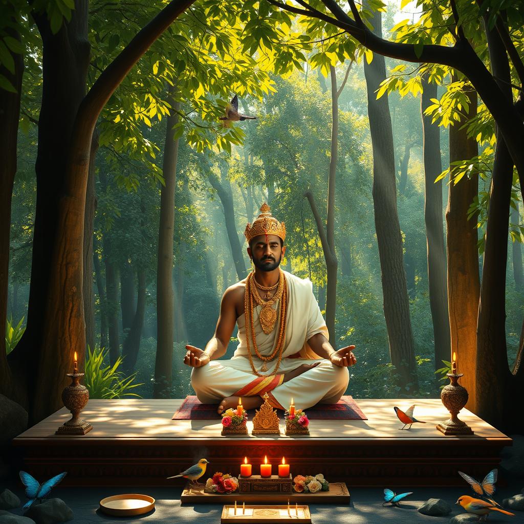 A serene scene featuring a Sri Lankan king meditating or praying in a tranquil forest shrine