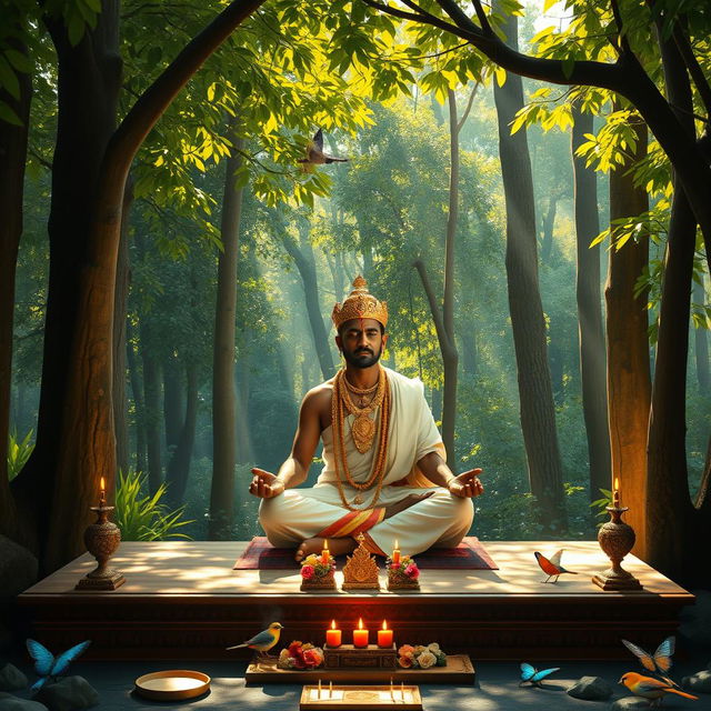 A serene scene featuring a Sri Lankan king meditating or praying in a tranquil forest shrine