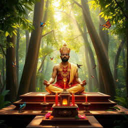 A serene scene featuring a Sri Lankan king meditating or praying in a tranquil forest shrine