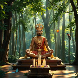 A serene scene featuring a Sri Lankan king meditating or praying in a tranquil forest shrine