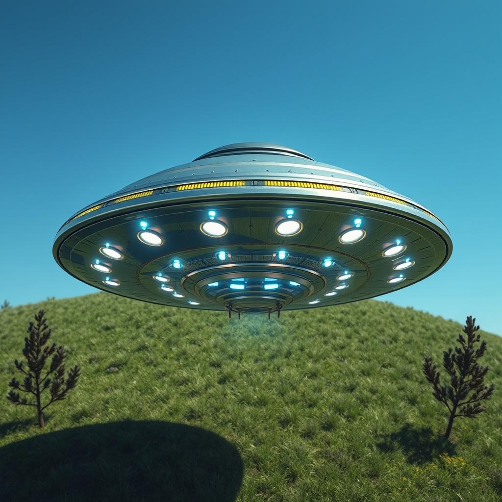 A detailed top view of a UFO, showcasing its metallic surface, bright lights, and a streamlined, futuristic design