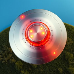 A detailed top view of a UFO, showcasing its metallic surface, bright lights, and a streamlined, futuristic design