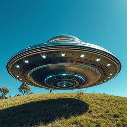 A detailed top view of a UFO, showcasing its metallic surface, bright lights, and a streamlined, futuristic design