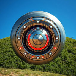 A detailed top view of a UFO, showcasing its metallic surface, bright lights, and a streamlined, futuristic design