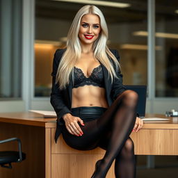 A realistic image of a beautiful, smiling young woman with sleek long platinum blonde hair, vibrant red lipstick, and striking blue eyes