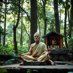 A Sri Lankan king, dressed in simple, humble attire rather than royal clothes, is meditating peacefully in a serene forest shrine