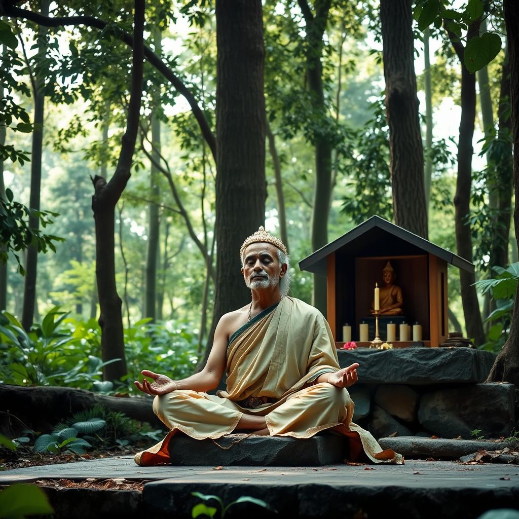 A Sri Lankan king, dressed in simple, humble attire rather than royal clothes, is meditating peacefully in a serene forest shrine