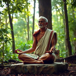 A Sri Lankan king, dressed in simple, humble attire rather than royal clothes, is meditating peacefully in a serene forest shrine