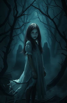 A captivating scene depicting a mysterious and eerie atmosphere, featuring a young girl positioned at the center of the composition