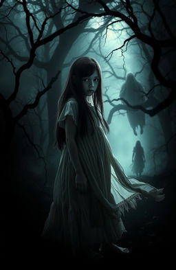 A captivating scene depicting a mysterious and eerie atmosphere, featuring a young girl positioned at the center of the composition