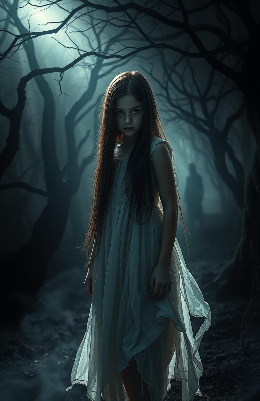 A captivating scene depicting a mysterious and eerie atmosphere, featuring a young girl positioned at the center of the composition