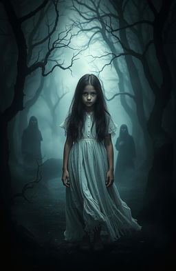 A captivating scene depicting a mysterious and eerie atmosphere, featuring a young girl positioned at the center of the composition