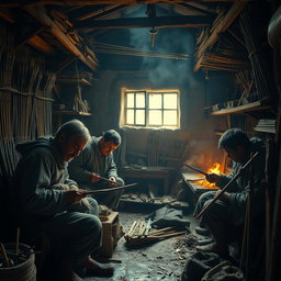 Villagers crafting weapons in a small, hidden workshop, focused on forging swords, arrows, and bows