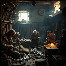Villagers crafting weapons in a small, hidden workshop, focused on forging swords, arrows, and bows