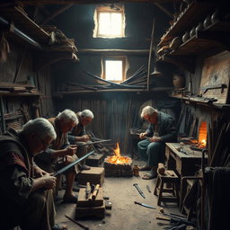 Villagers crafting weapons in a small, hidden workshop, focused on forging swords, arrows, and bows
