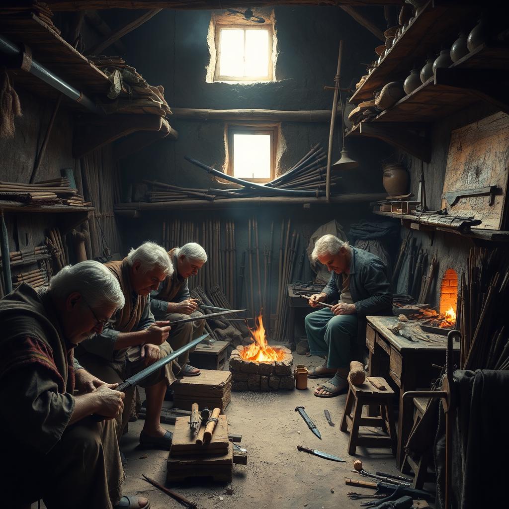 Villagers crafting weapons in a small, hidden workshop, focused on forging swords, arrows, and bows