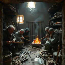 Villagers crafting weapons in a small, hidden workshop, focused on forging swords, arrows, and bows