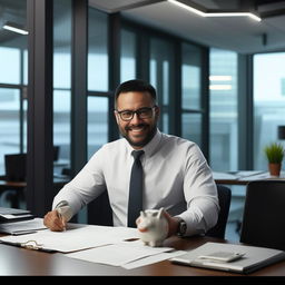 The same professional, friendly mortgage broker from the previous request, but with Caucasian ethnicity, shuffling through paperwork in his modern office.