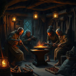 A scene depicting ancient Asian villagers skillfully forging weapons in a small, hidden workshop
