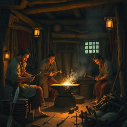 A scene depicting ancient Asian villagers skillfully forging weapons in a small, hidden workshop