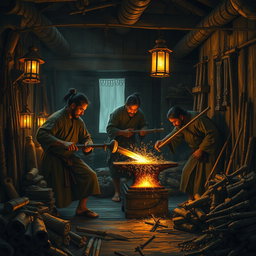 A scene depicting ancient Asian villagers skillfully forging weapons in a small, hidden workshop