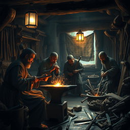 A scene depicting ancient Asian villagers skillfully forging weapons in a small, hidden workshop