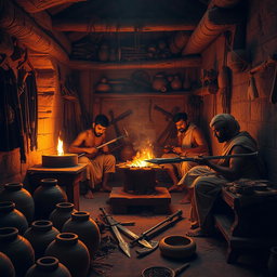 A historical scene depicting ancient Indian villagers skillfully forging weapons in a small, hidden workshop