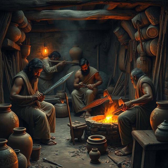 A historical scene depicting ancient Indian villagers skillfully forging weapons in a small, hidden workshop