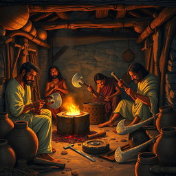 A historical scene depicting ancient Indian villagers skillfully forging weapons in a small, hidden workshop