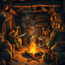 A historical scene depicting ancient Indian villagers skillfully forging weapons in a small, hidden workshop